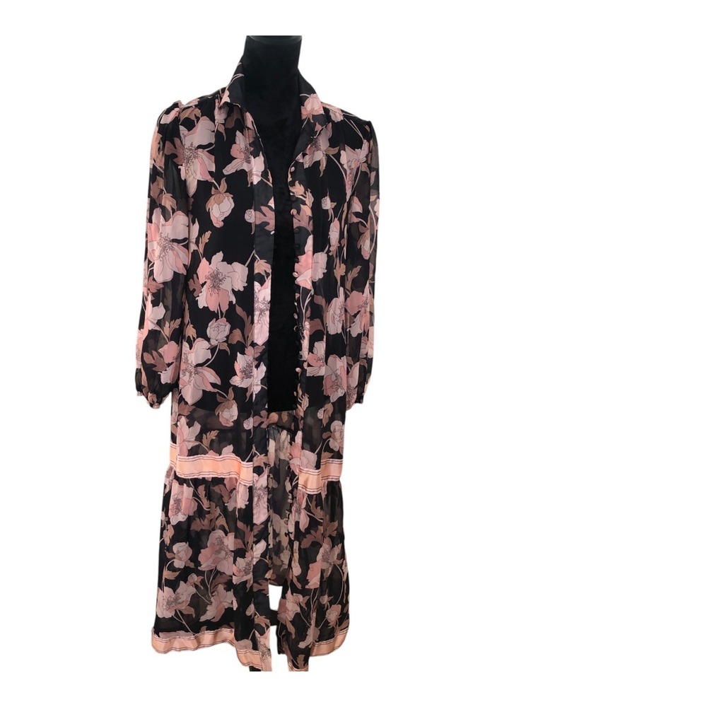 Bohme Navy Boho Puff Sleeve Floral Cottagecore Flowy Midi Dress‎ Peach Ribbon S